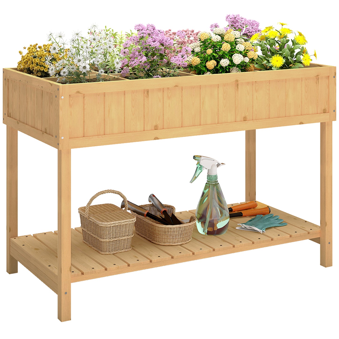 Garden Wooden Planters, Rectangular 8 Compartment Plant Stand, Oak Tone