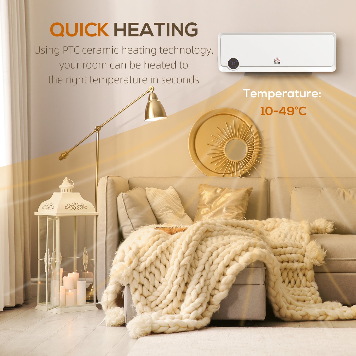 Wall Downflow Heater 2 Heat and Fan 1000W/2000W, Electric Space Heater with Timer Remote Oscillating