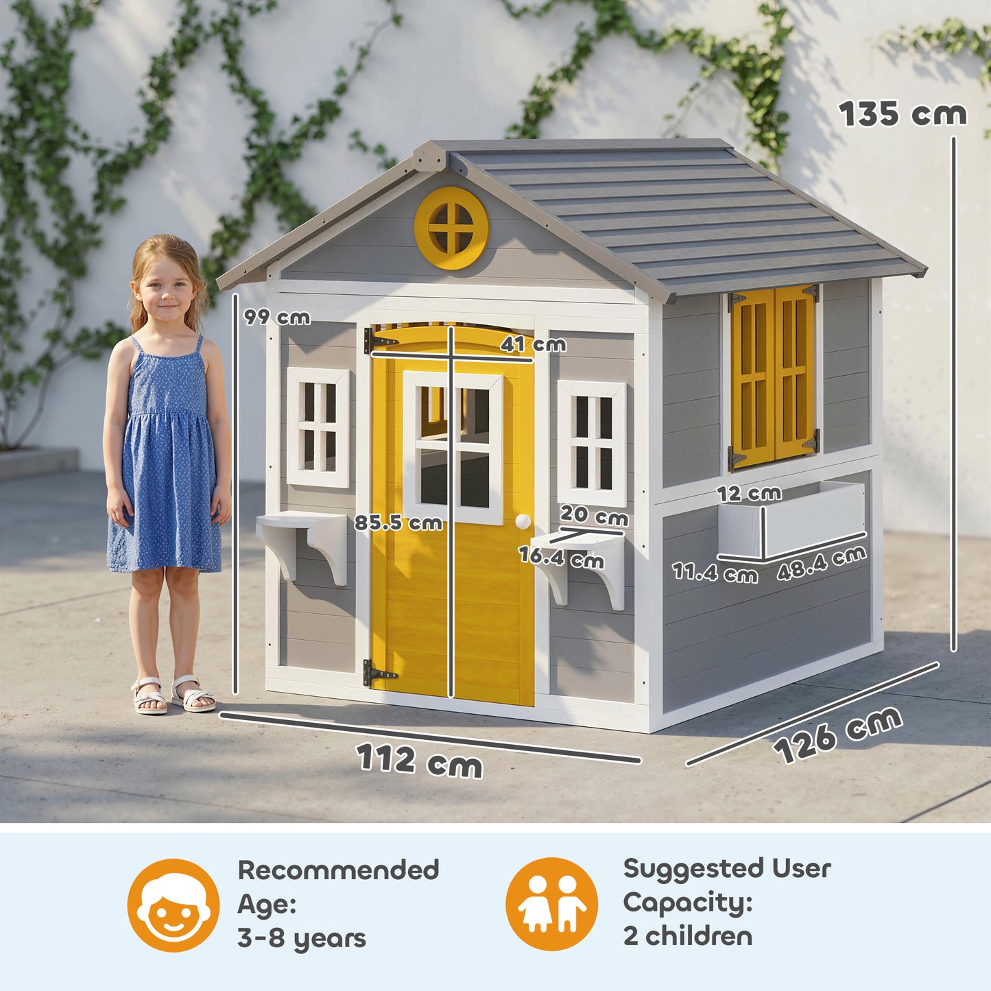 Wooden Playhouse with Doors, Windows, Plant Pots, Boxes, for 3-8 Years - Grey