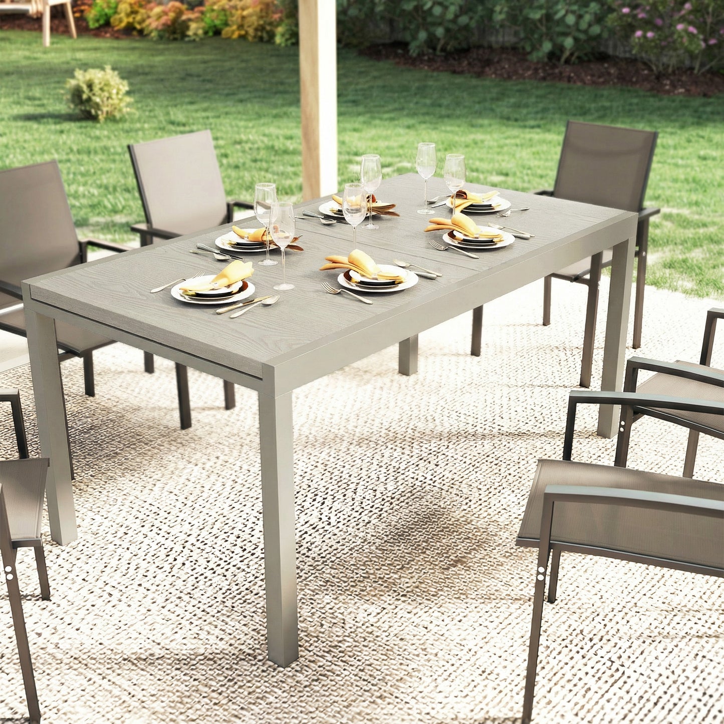 Extending Garden Table, Aluminium Outdoor Dining Table for 8-10 with Wood-Like Grained Surface, Light Grey Wood Effect