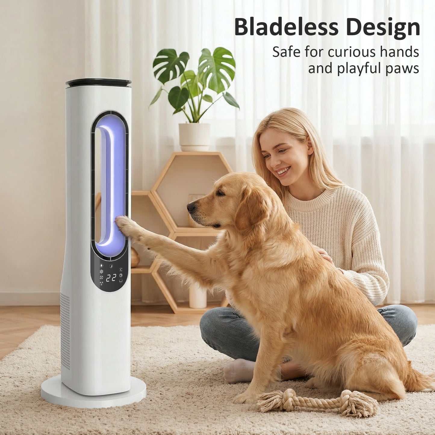 Bladeless Tower Fan for Bedroom, 35dB Standing Cooling Fan with Oscillating, LED Lights, 3 Speeds, 15H Timer, White