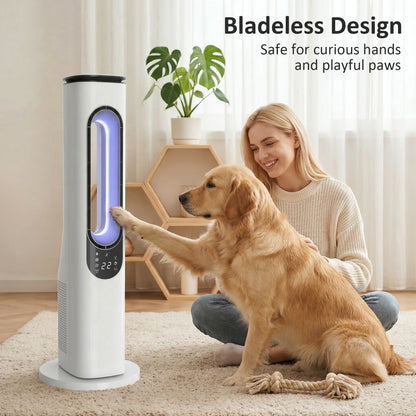 Bladeless Tower Fan for Bedroom, 35dB Standing Cooling Fan with Oscillating, LED Lights, 3 Speeds, 15H Timer, White