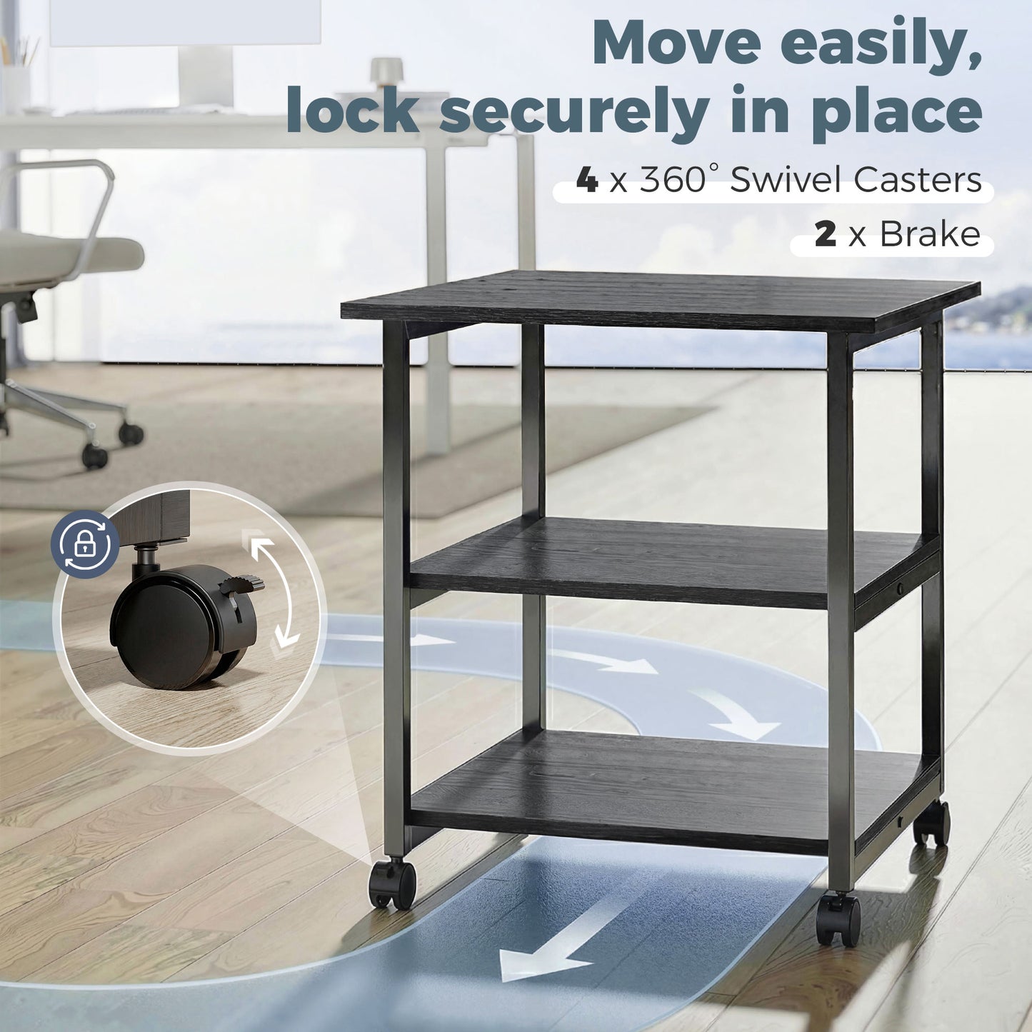 Three-Tier Steel Printer Stand, with Wheels - Black