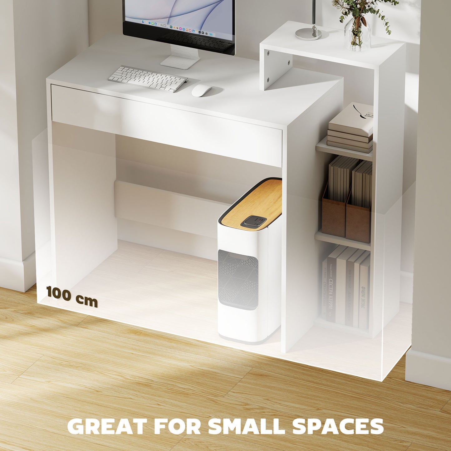 Desk with Storage, Computer Desk with 3 Open Shelves and Drawer, Workstation, Computer Table, White