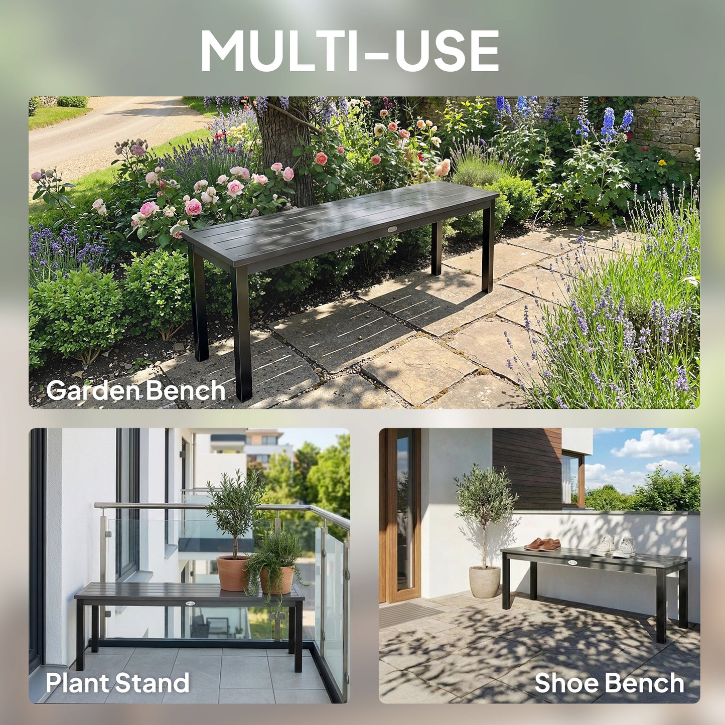 2 Seater Garden Bench, Outdoor Bench Loveseat with Wood-Effect Slatted Seat and Steel Frame for Patio, Park, Grey