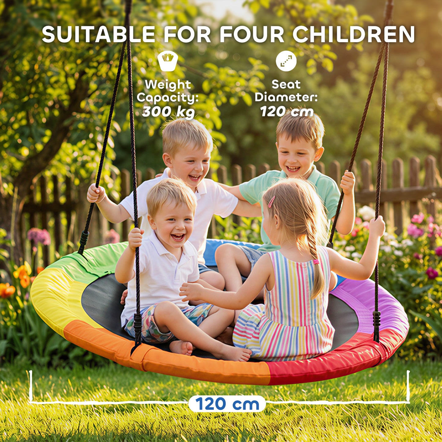 Tree Swing Seat, 120cm Kids Saucer Swing with Adjustable Ropes and Tree Straps, 300kg Capacity, Multicolour