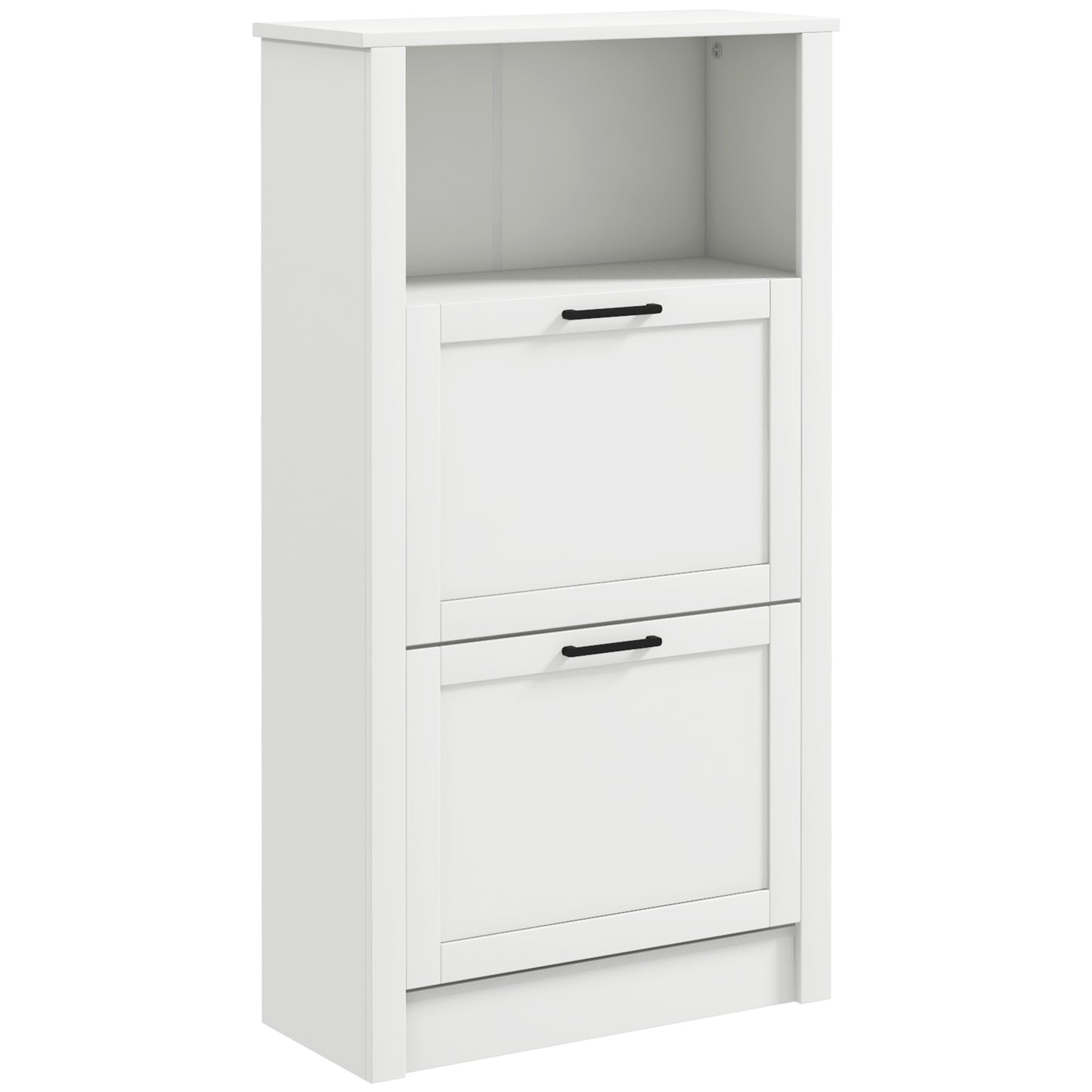Modern Shoe Cabinet with 2 Flip Drawers and Adjustable Shelves, Narrow Shoe Storage Cabinet with Open Compartment