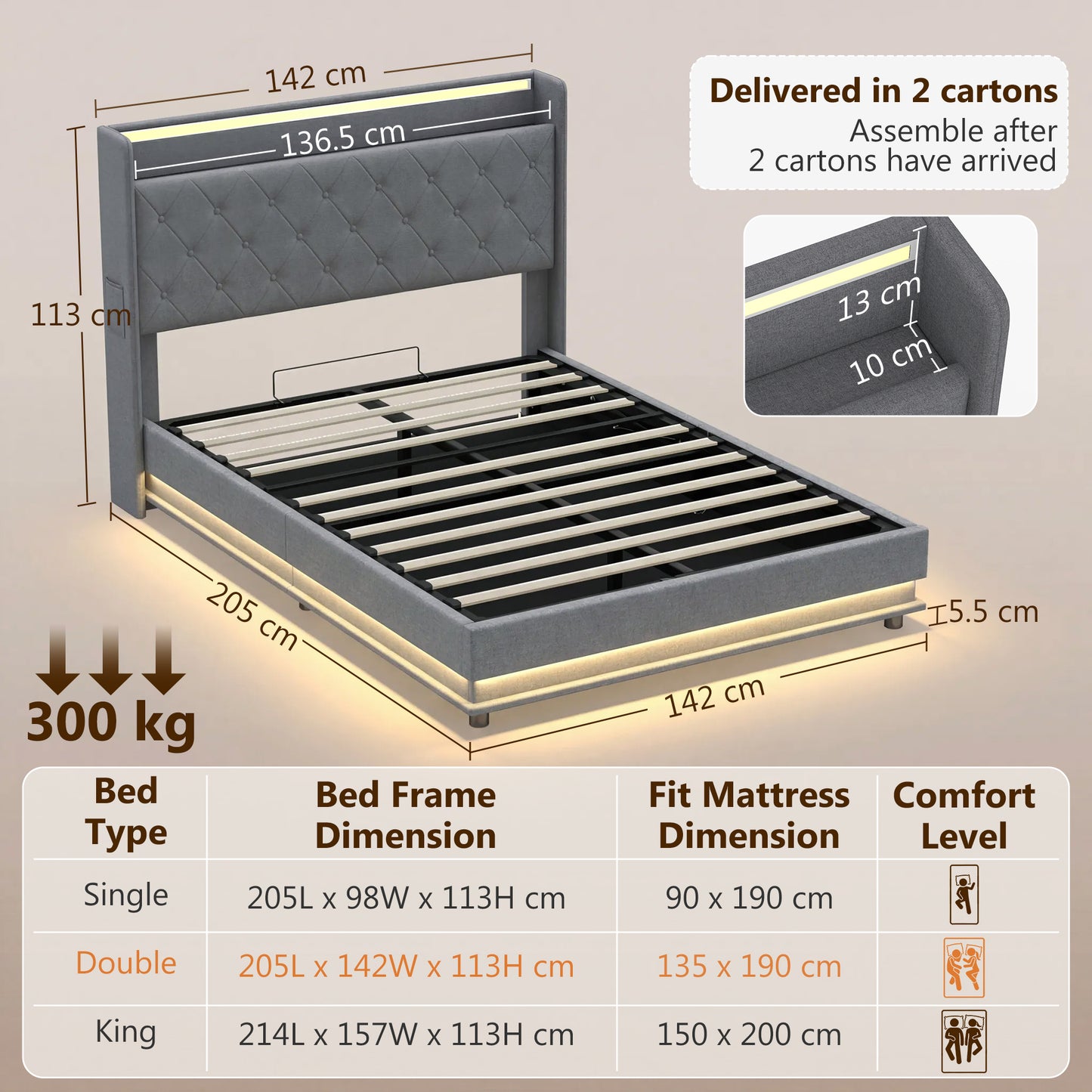 4ft6 Double Bed Frame with Headboard, Platform Bed Frame with Hydraulic Storage, LED Lights and Charging Station, Grey