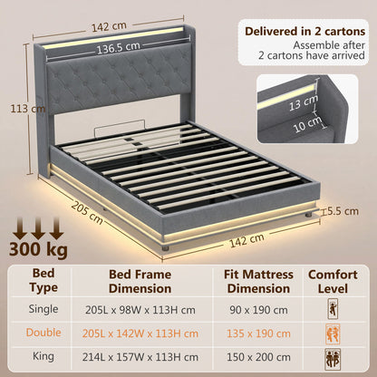 4ft6 Double Bed Frame with Headboard, Platform Bed Frame with Hydraulic Storage, LED Lights and Charging Station, Grey