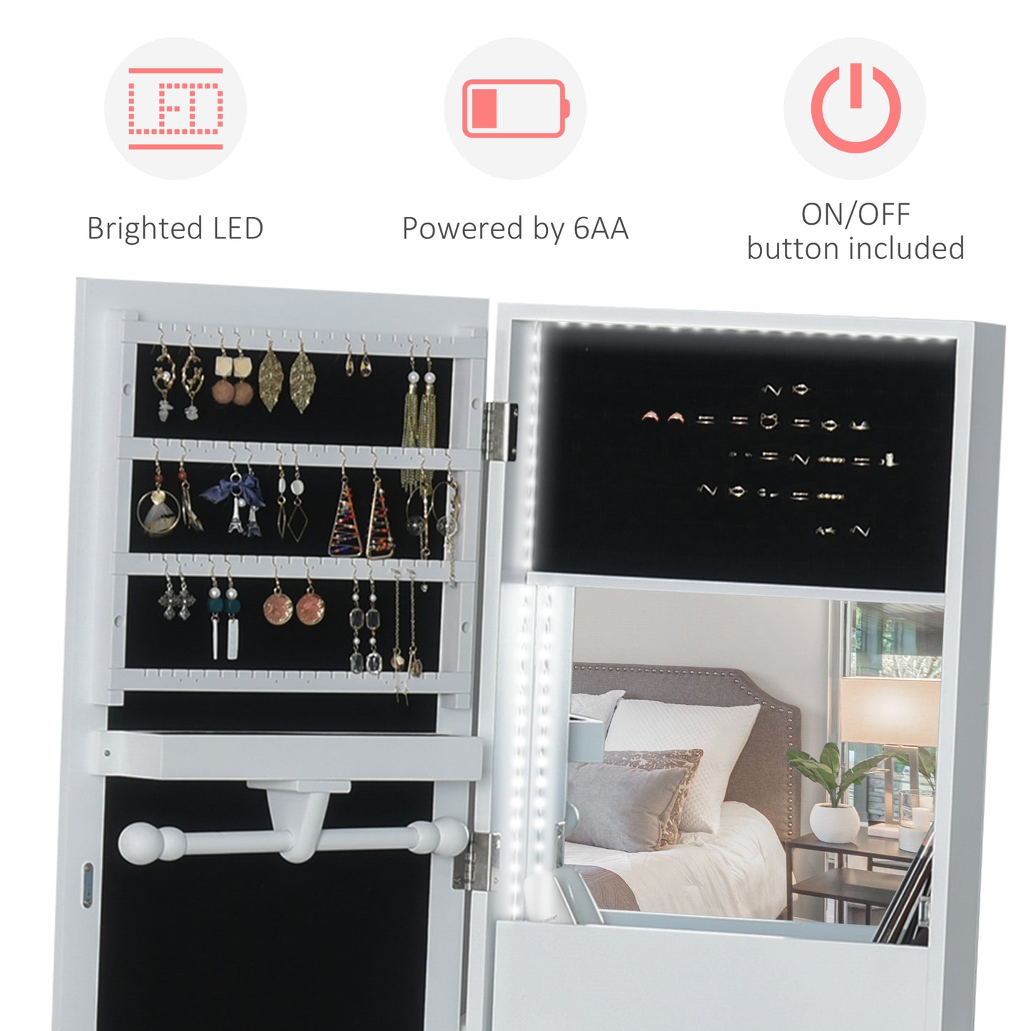 Jewellery Cabinet, Standing Mirror with LED Lights, Full-Length Mirror with Storage Drawers, Hooks and Shelves
