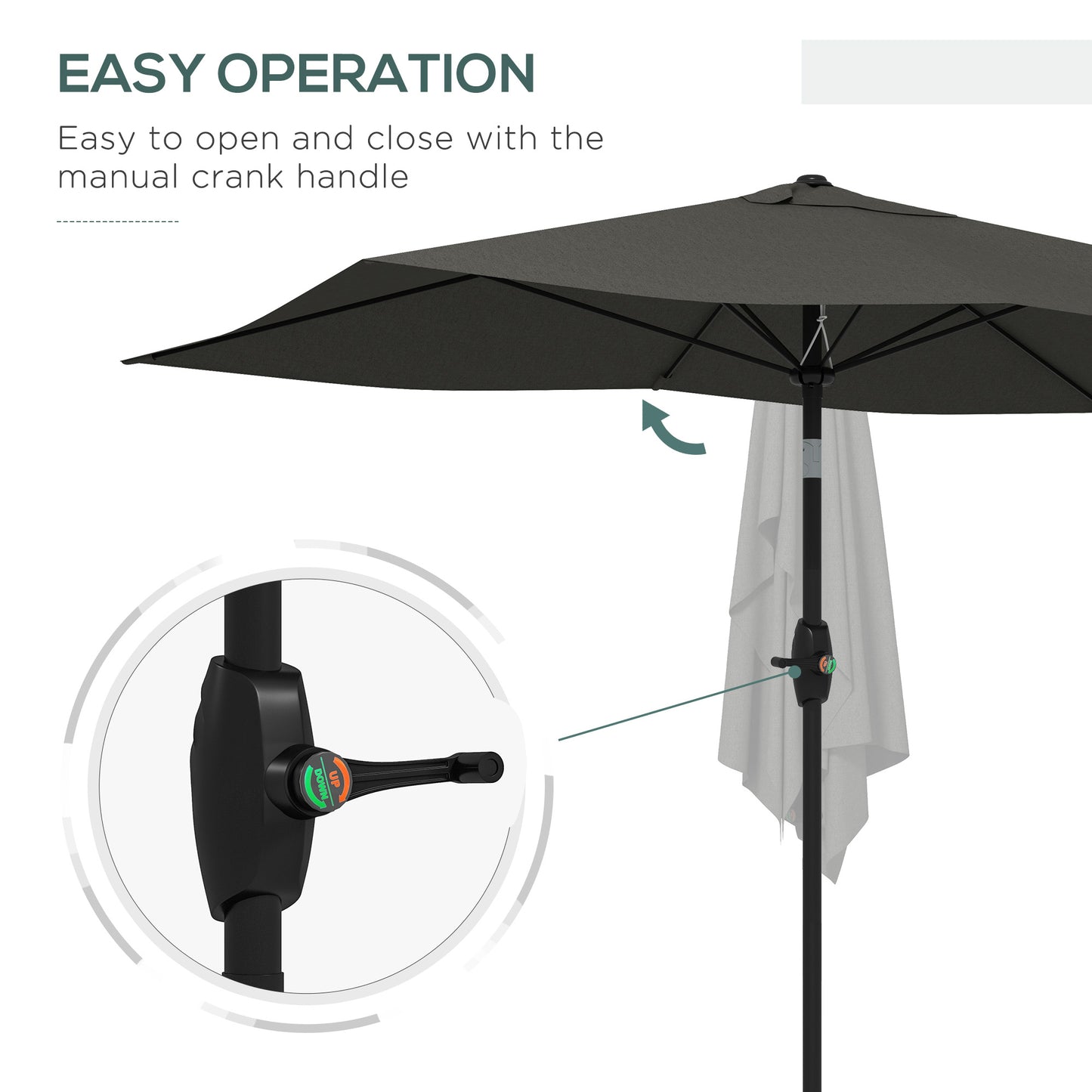 2 x 3(m) Garden Parasol Umbrella, Rectangular Outdoor Market Umbrella Sun Shade with Crank & Push Button Tilt, 6 Ribs