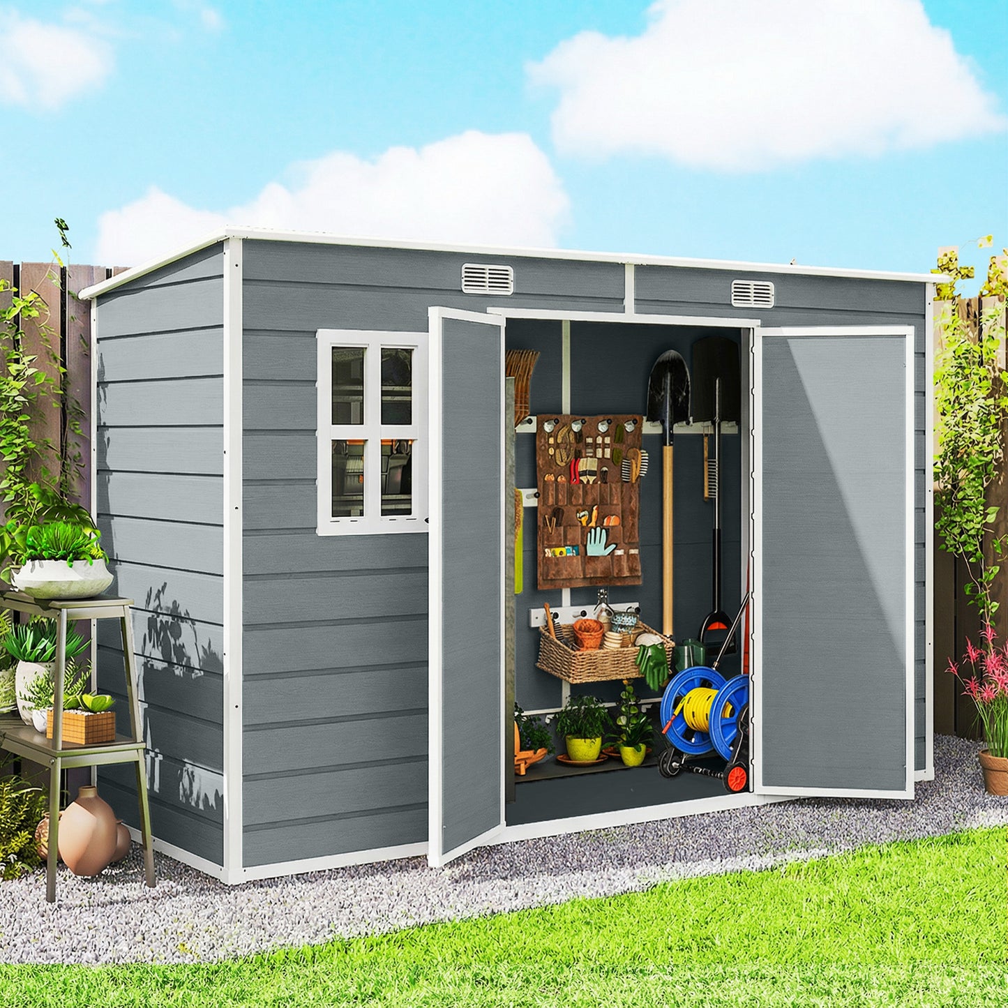 10 x 4 ft Resin Garden Shed, Outdoor Storage Shed with Floor, Windows, Lockable Doors and Vents, Grey