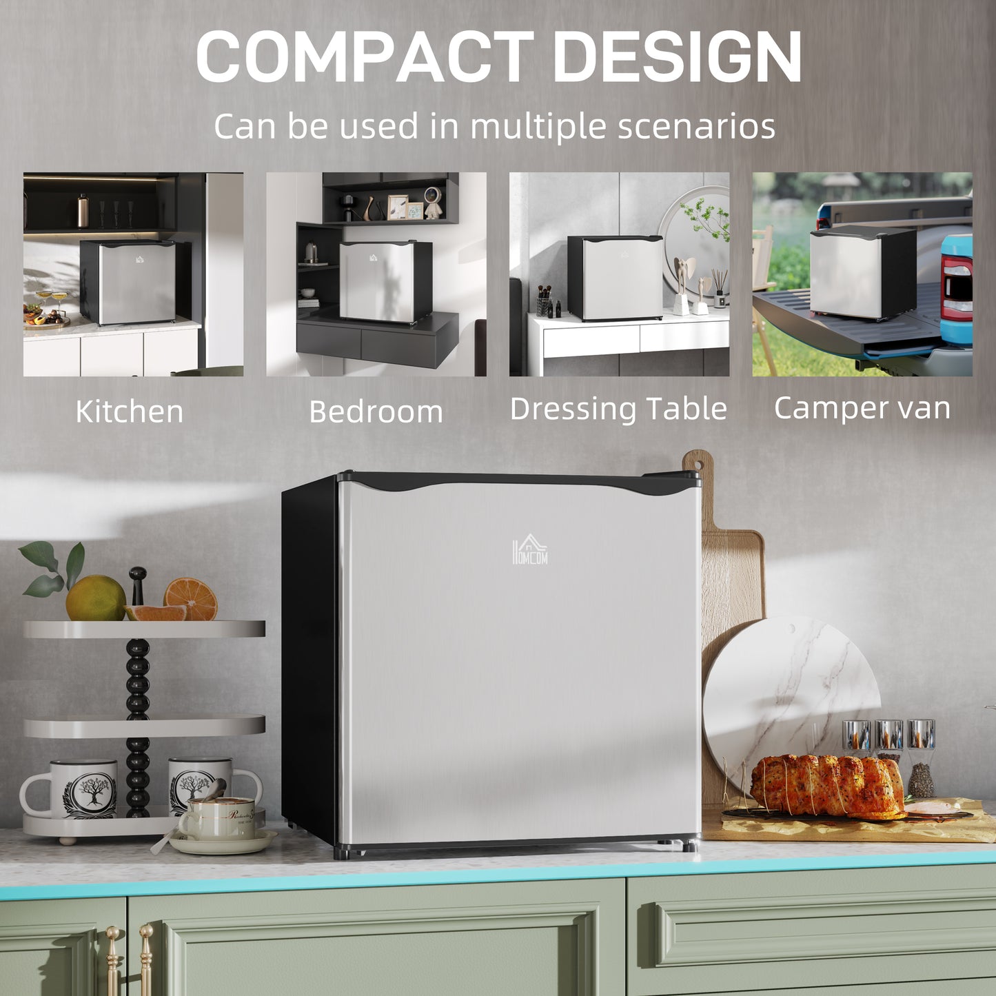 46 Litre Table Top Mini Fridge, Small Fridge with Ice Box, Reversible Door, Adjustable Temperature and Legs for Bedrooms