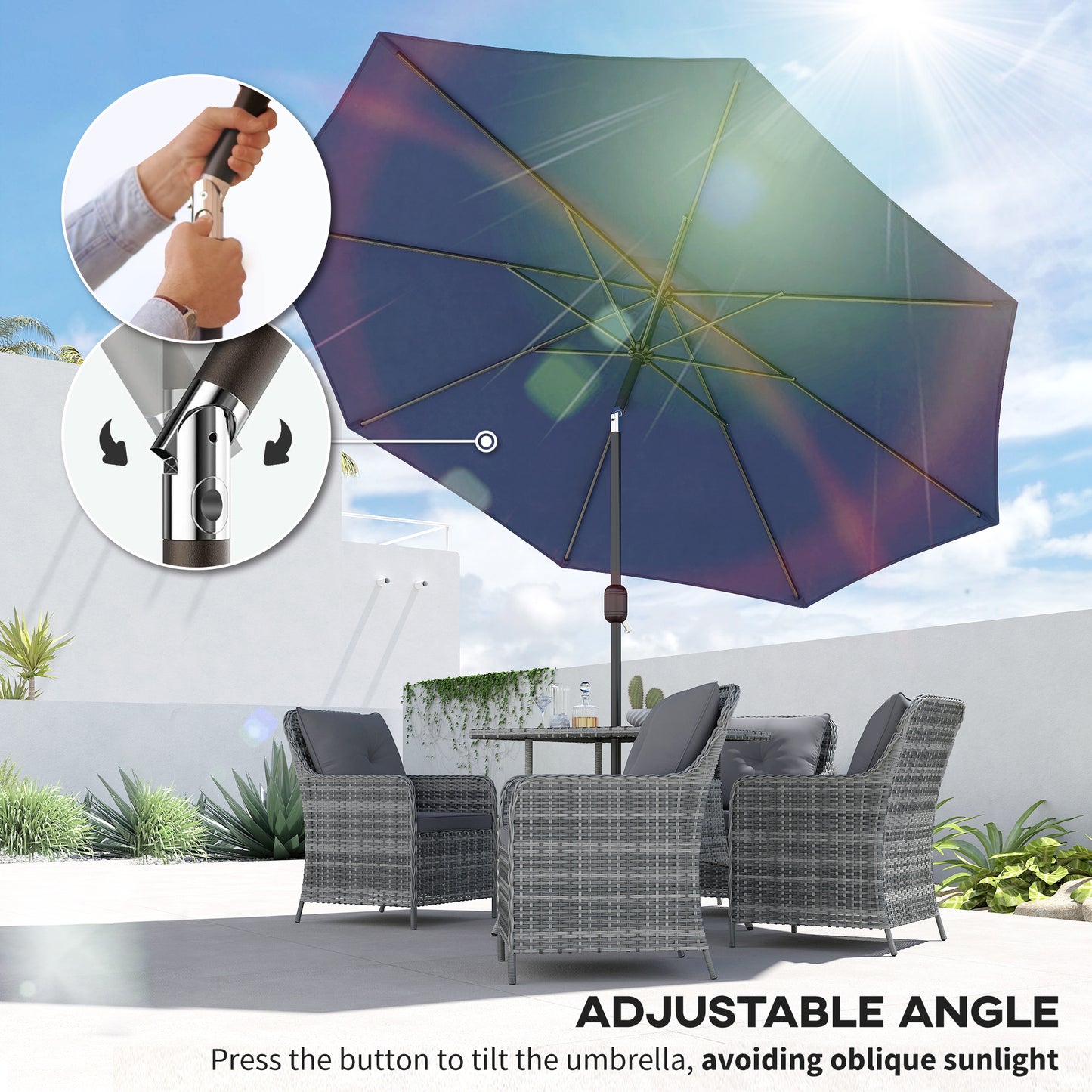 3 m Garden Parasol Umbrellas, Outdoor Sun Shade with 8 Ribs, Tilt and Crank Handle, Navy Blue