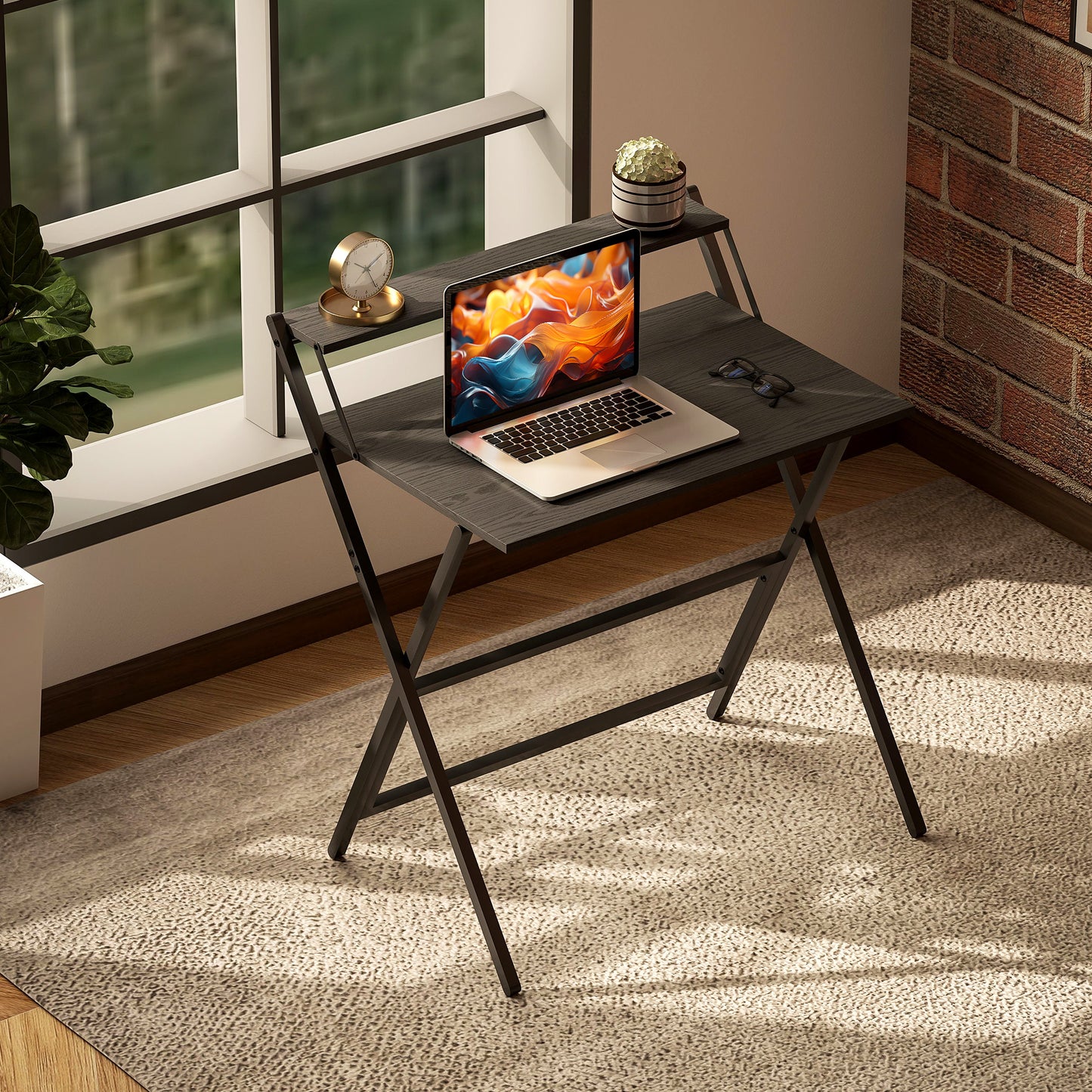 81.5 cm Folding Computer Desk with Monitor Shelf - Black