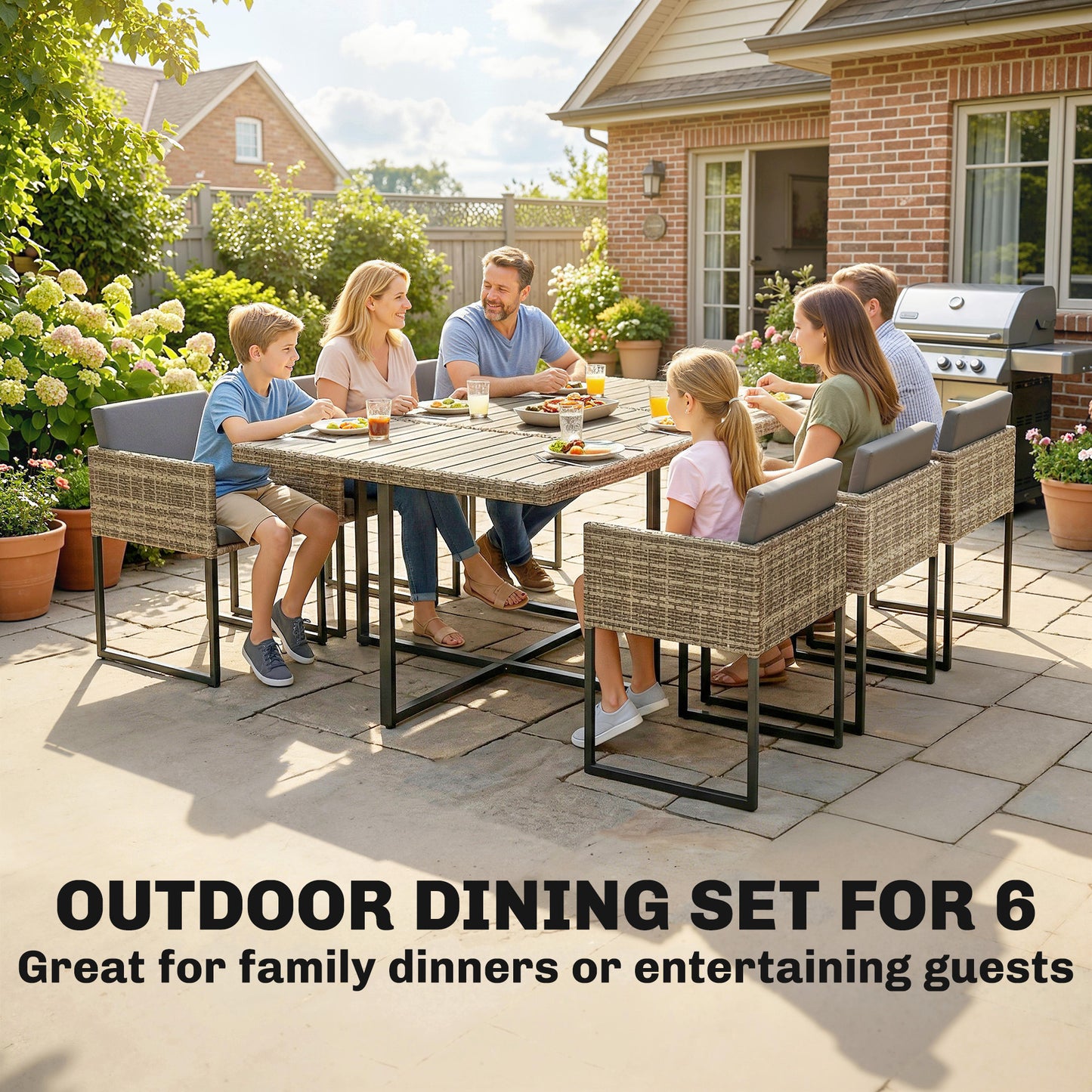 7 Piece Rattan Garden Furniture Set, Garden Dining Set with Wood-Plastic Table and 6 Stackable Chairs, Light Brown