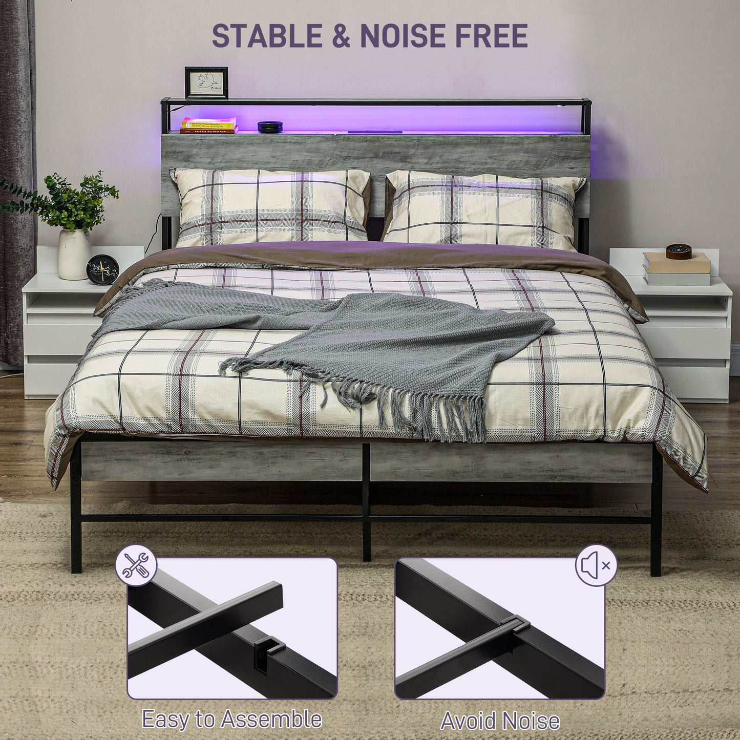 Double Steel Bed Frame, with LED Lights and Shelf - Grey