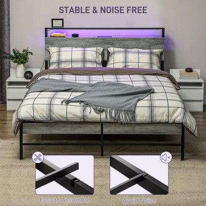 Double Steel Bed Frame, with LED Lights and Shelf - Grey