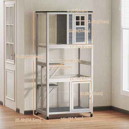 Wooden Catio Cat Outdoor Enclosure, Cat Cage with Waterproof Roof, Platforms, for Multiple Cats, White