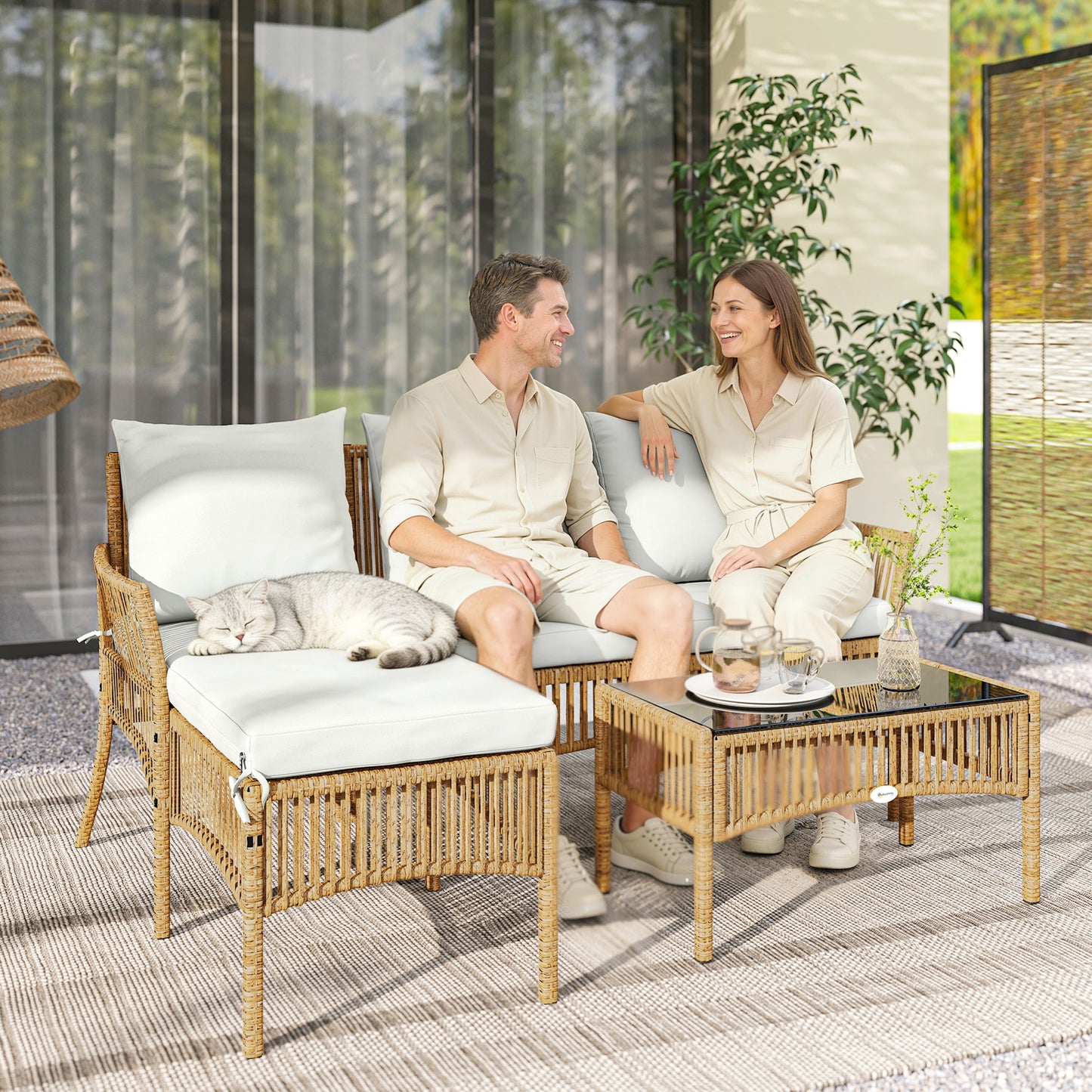 3 Piece Rattan Garden Furniture Corner Sofa Set with Chaise Lounge, Loveseat, Glass Coffee Table, Cushions, Natural Wood
