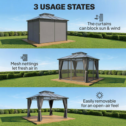 3 x 3.6 m Outdoor Hardtop Gazebo Canopy with 2-Tier Roof, Permanent Pavilion Garden Metal Gazebo with Sides, Dark Grey