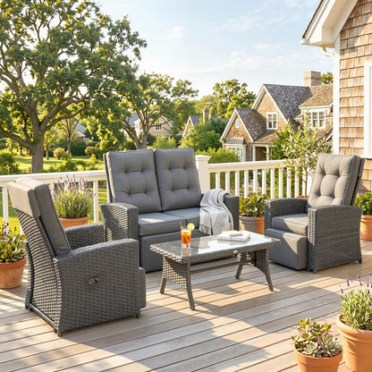 4 Piece Rattan Garden Furniture Set Outdoor Sofa Sectional Set with Glass Top Table for Poolside, Grey