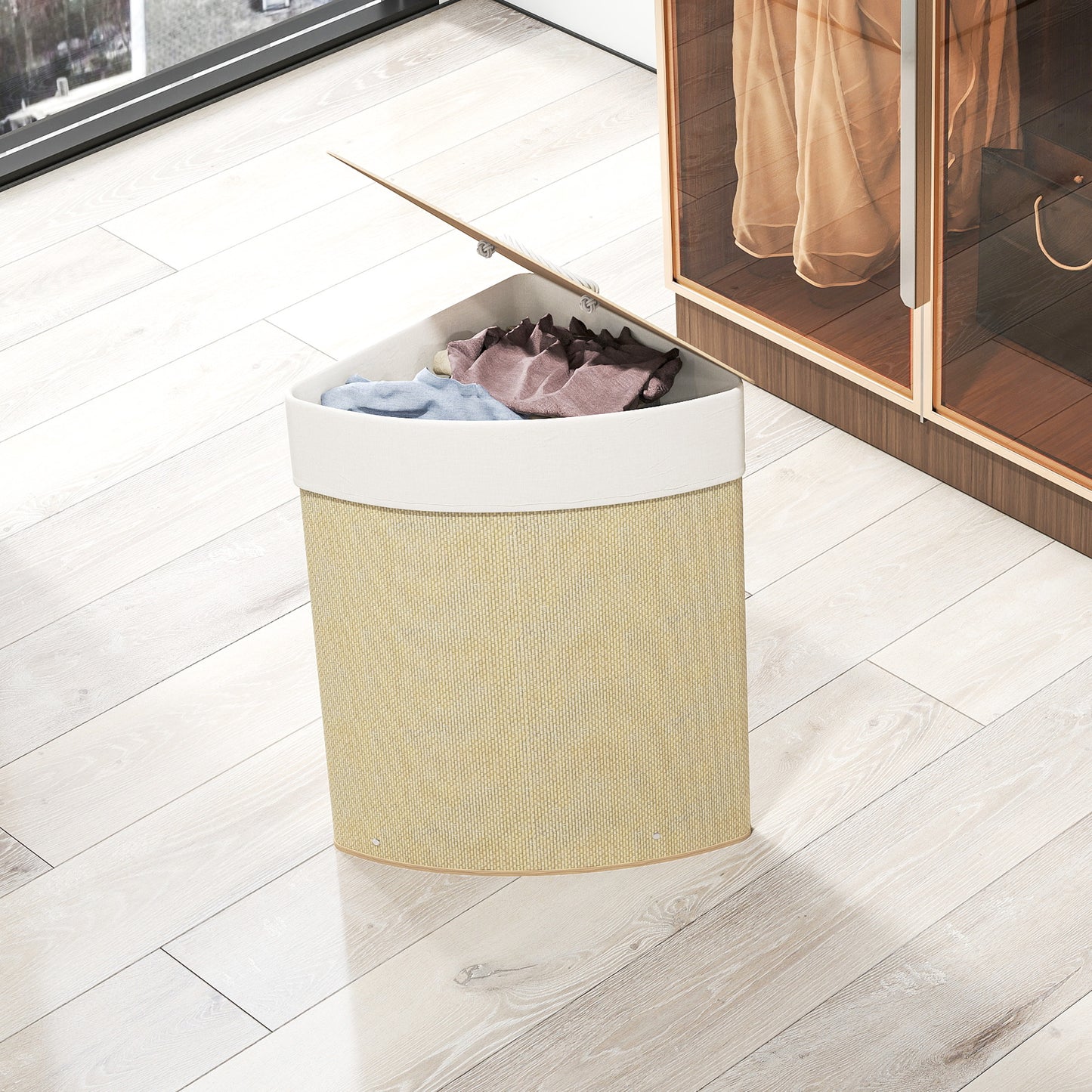 Bamboo Laundry Basket with Lid, 55L Corner Laundry Hamper with Removable Washable Liner Bag