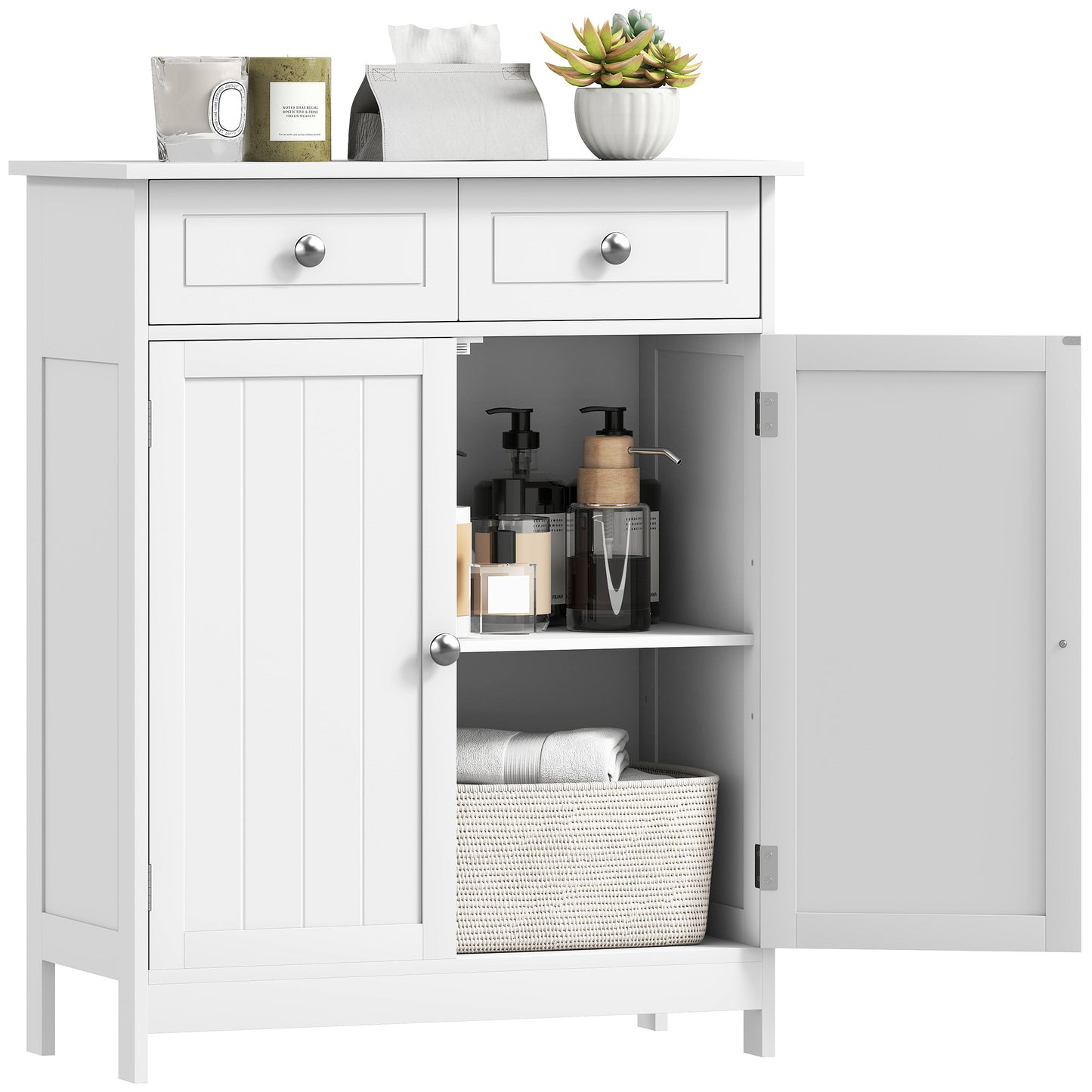 75x60cm Freestanding Bathroom Storage Cabinet Unit w/ 2 Drawers Cupboard Adjustable Shelf Metal Handles Traditional Style Whi