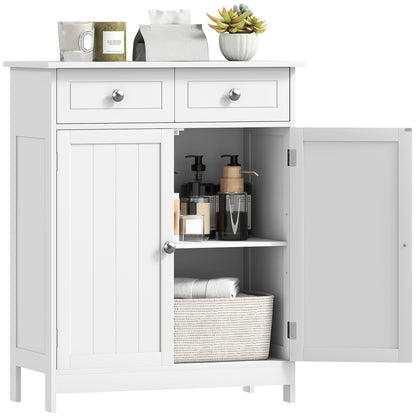 75x60cm Freestanding Bathroom Storage Cabinet Unit w/ 2 Drawers Cupboard Adjustable Shelf Metal Handles Traditional Style Whi