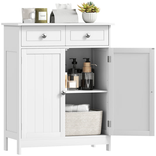 75x60cm Freestanding Bathroom Storage Cabinet Unit w/ 2 Drawers Cupboard Adjustable Shelf Metal Handles Traditional Style Whi