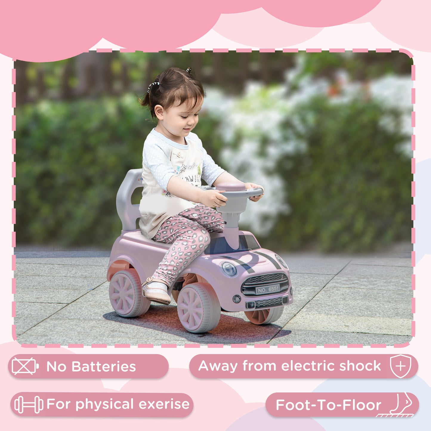 Foot To Floor Ride On Car Sliding Car w/ Air Horn, Anti-Over-Backwards, 18 to 36 Months - Pink