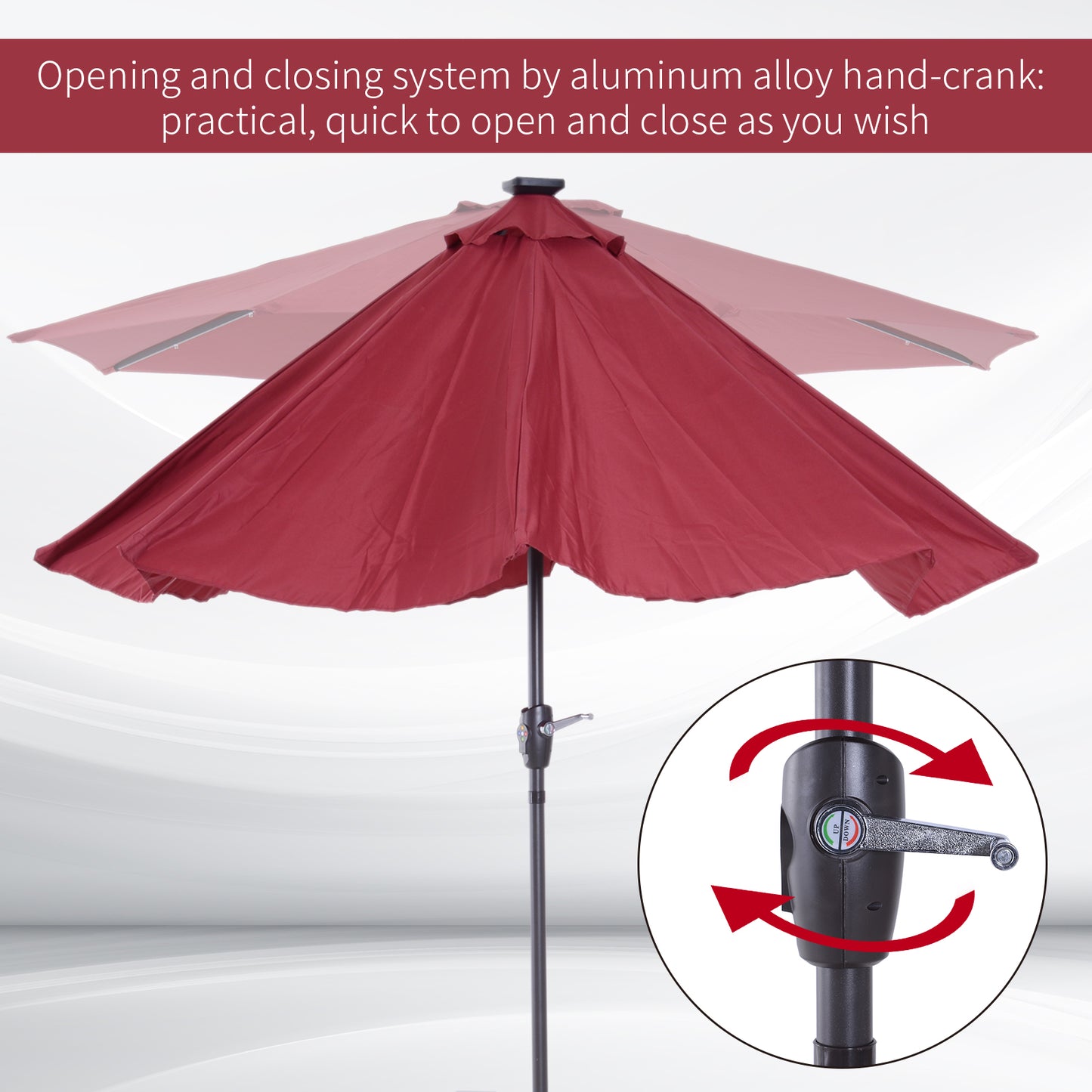 Φ2.7m Garden 24 LED Light Parasol Solar Outdoor Tilt Sun Umbrella Patio Club Party Event Manual Sun Shade w/ Hand Crank and 8