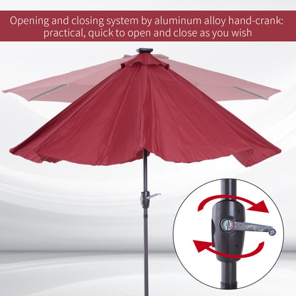 Φ2.7m Garden 24 LED Light Parasol Solar Outdoor Tilt Sun Umbrella Patio Club Party Event Manual Sun Shade w/ Hand Crank and 8