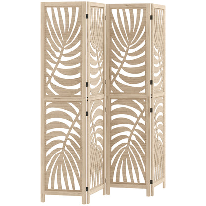 4 Panel Privacy Screens, Detachable Folding Room Divider with Palm Leaf Design for Home Office, Natural Wood Finish
