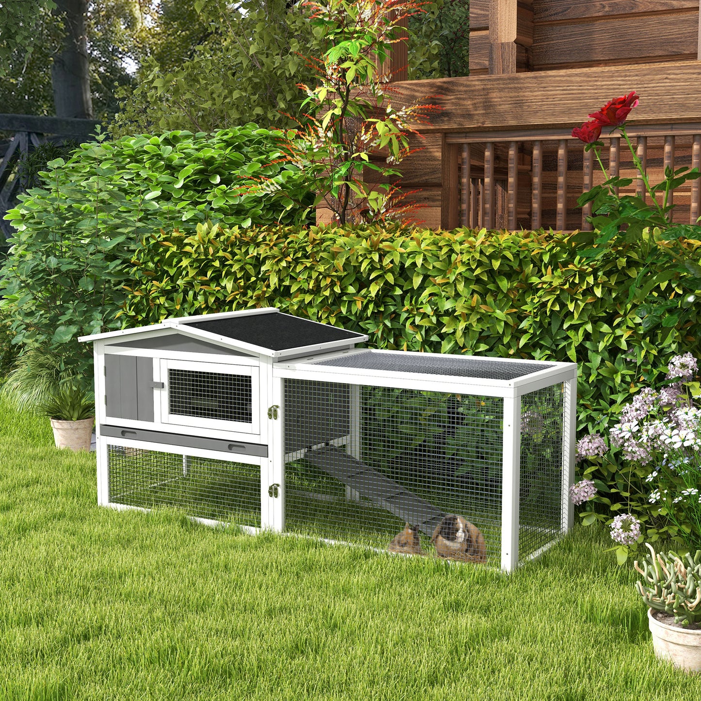 Rabbit Hutch with Run Wooden Guinea Pig Hutch Outdoor Bunny Cage Hide House with Sliding Tray, Hay Rack, Ramp