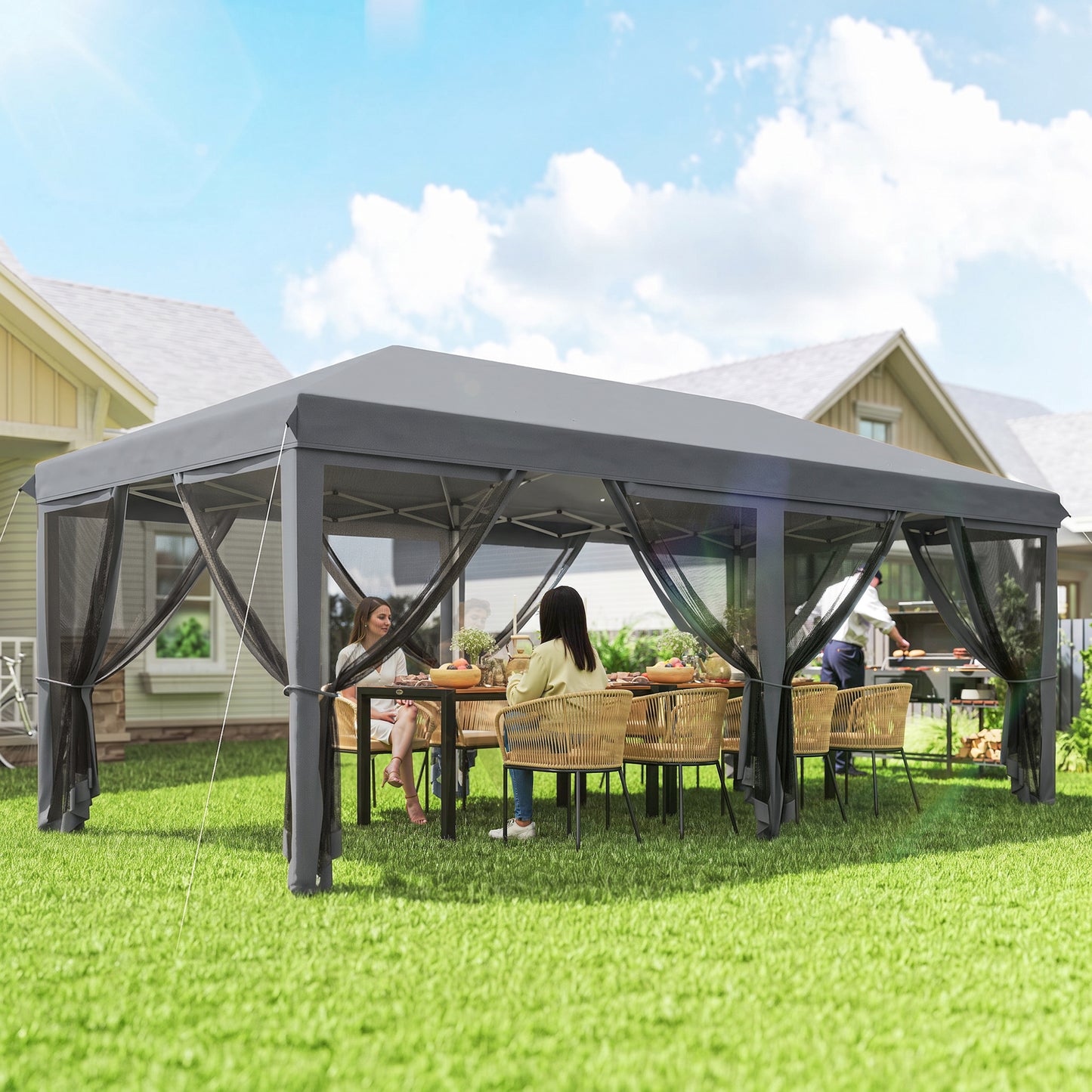 3 x 6m Pop Up Gazebo, Outdoor Canopy Shelter, Marquee Party Wedding Tent with 6 Mesh Walls and Carry Bag, Grey