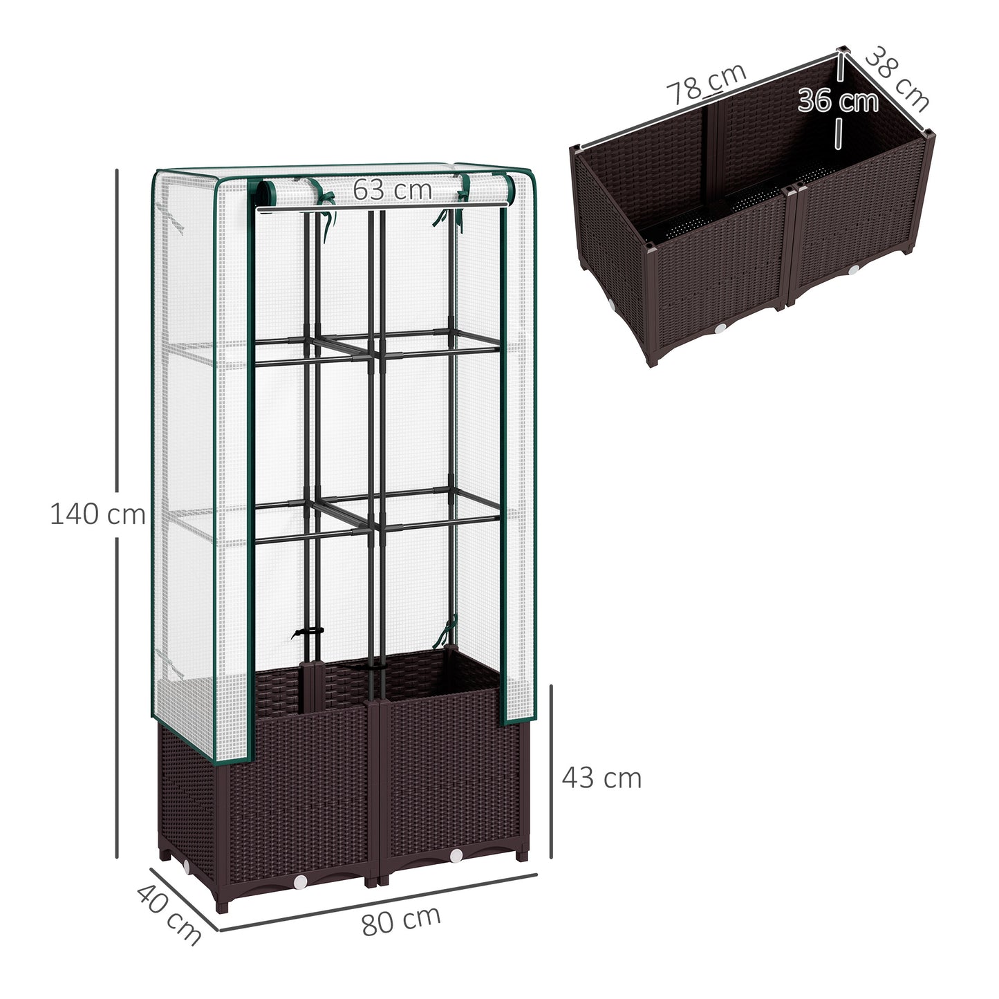 Raised Garden Bed with Trellis, Plastic Planter Box with PE Cover, Drainage Holes