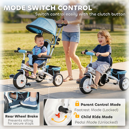 6 in 1 Kids Trike Push Bike w/ Push Handle, Canopy, 5-point Seat Belt, Storage, Footrest, Brake, for 1-5 Years, Blue