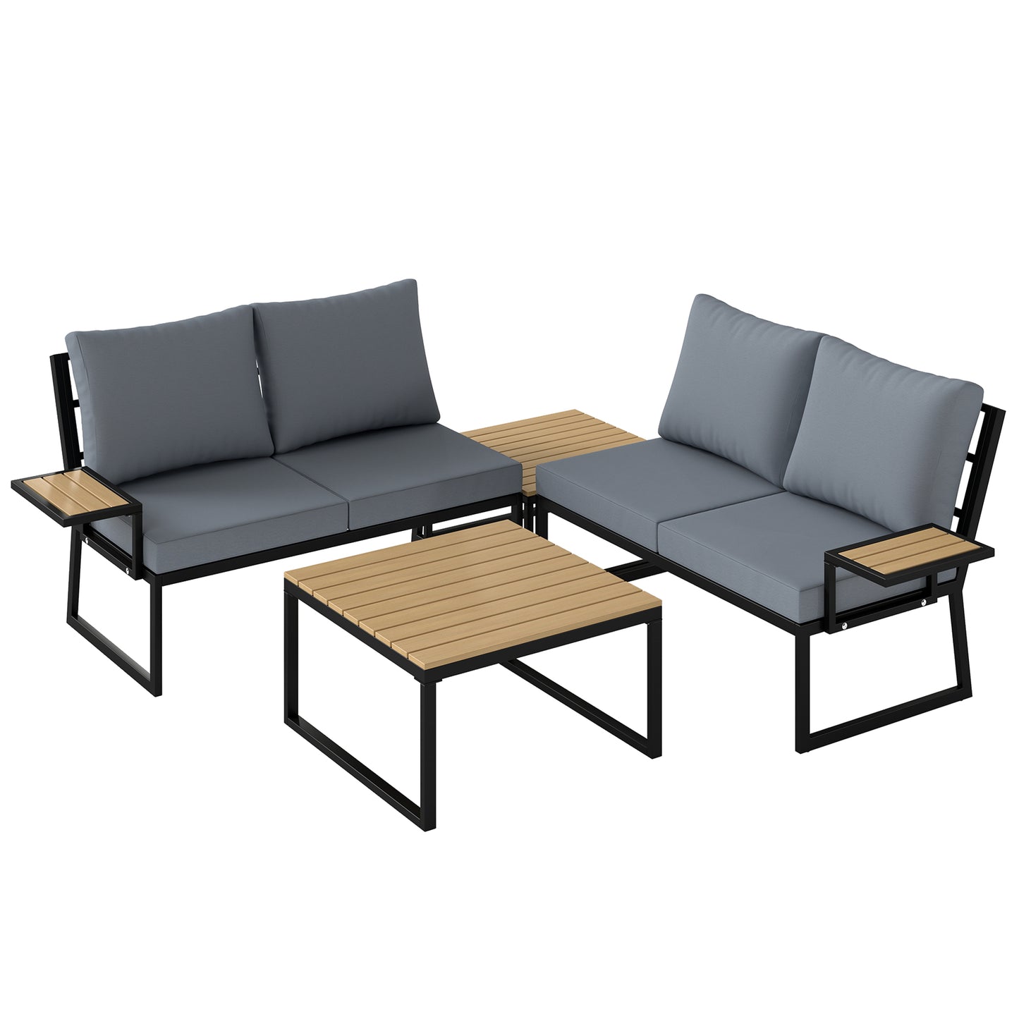 4 Seater Metal Garden Furniture Set, Corner Garden Sofa Set with 2 Loveseats, 2 Nesting Tables, Arm Side Trays, Teak