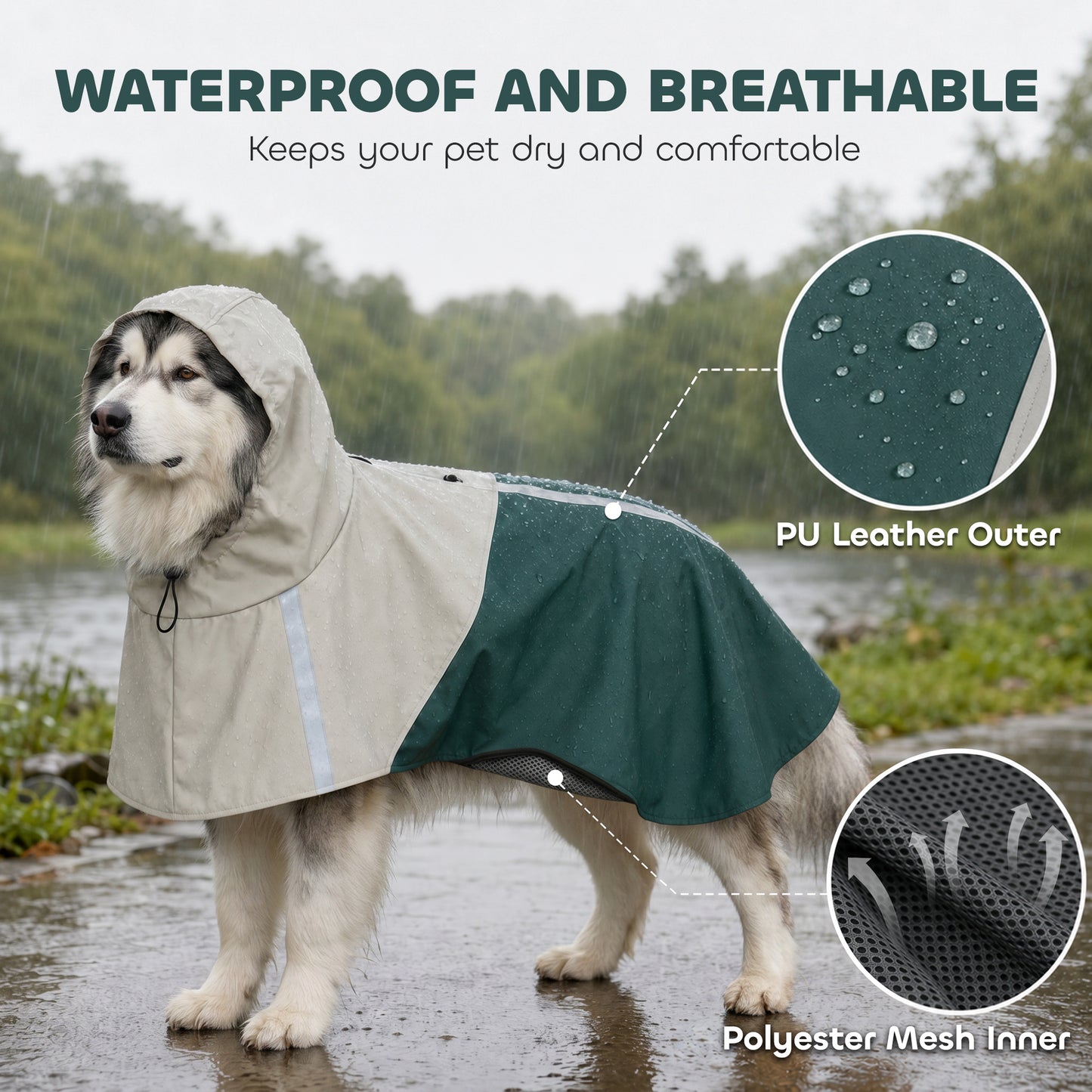 Dog Raincoat with Hood, Waterproof & Breathable Rain Jacket with Leash Hole, for Extra Large Dogs, Green, XL