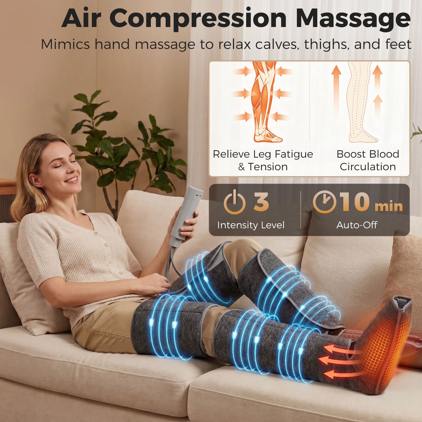 Leg Massager with Heat, Compression, 3 Auto Modes & 3 Intensities, Foot and Calf Massage Machine