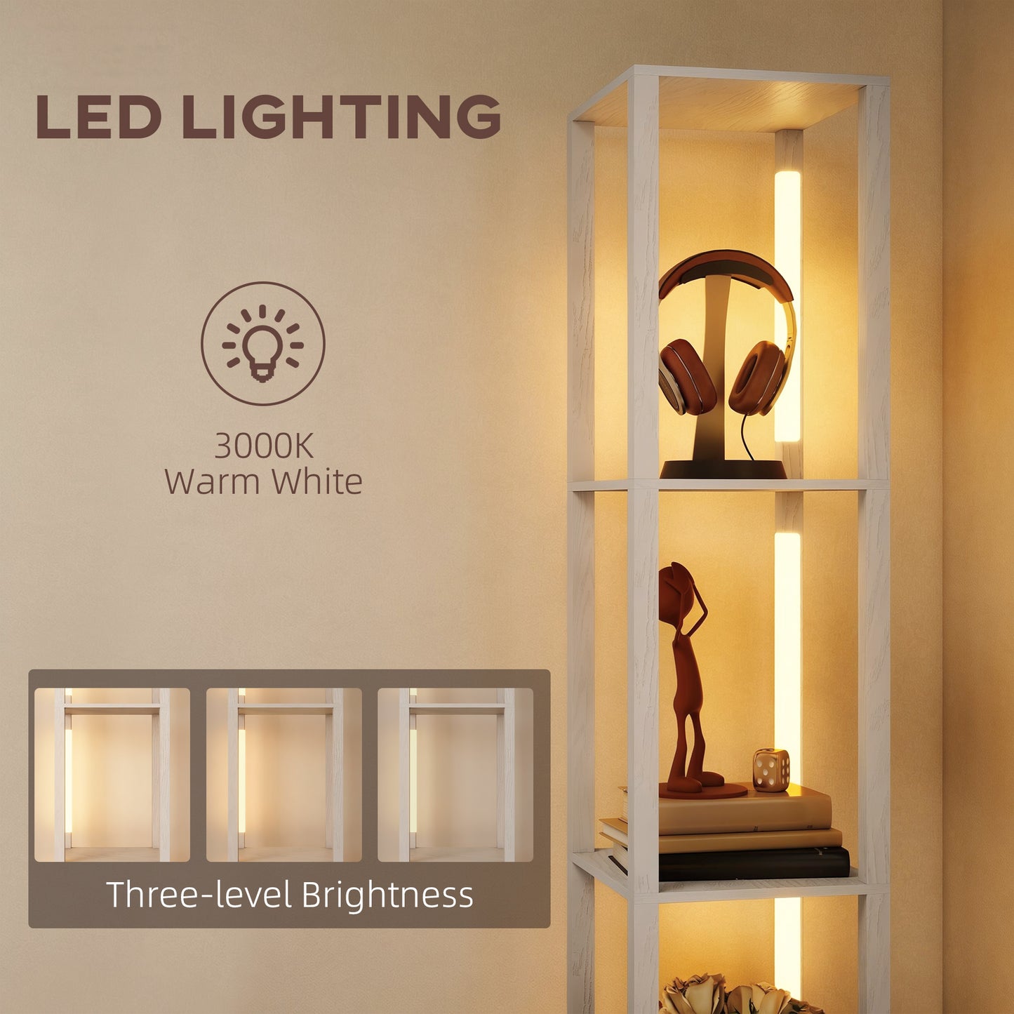 Floor Lamp with Shelves, LED Column Modern Standing Lamp with Fabric Drawer, Adjustable Brightness