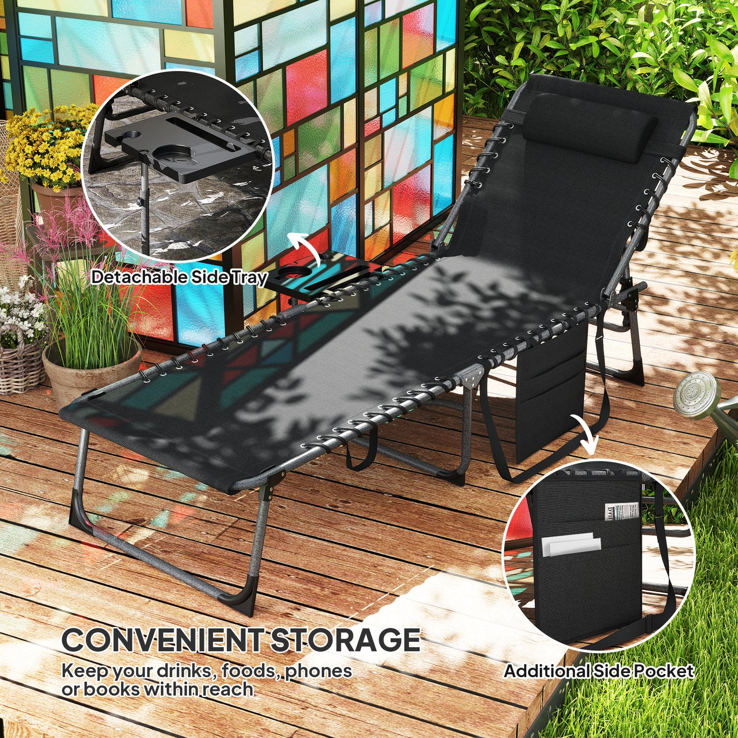 Five-Position Reclining Sun Lounger - Black