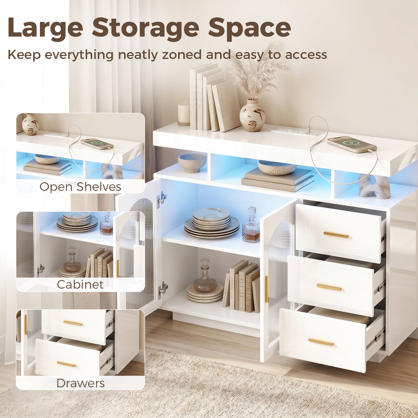 High Gloss Sideboard with LED Lights, Built-in Power Outlets, 3 Drawers, Shelves and 2 Acrylic Doors, White