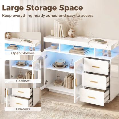 High Gloss Sideboard with LED Lights, Built-in Power Outlets, 3 Drawers, Shelves and 2 Acrylic Doors, White