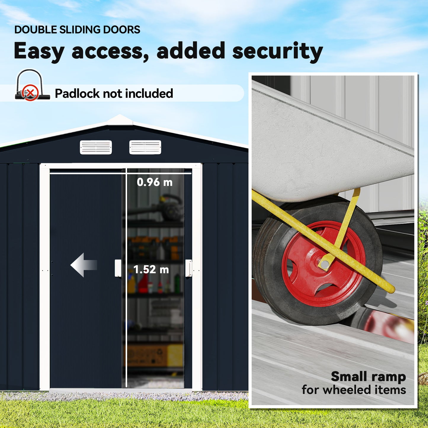 9 x 6ft Metal Bicycle Shed, Outdoor Storage Tool House with Ventilation Slots, Foundation Kit and Lockable Double Doors