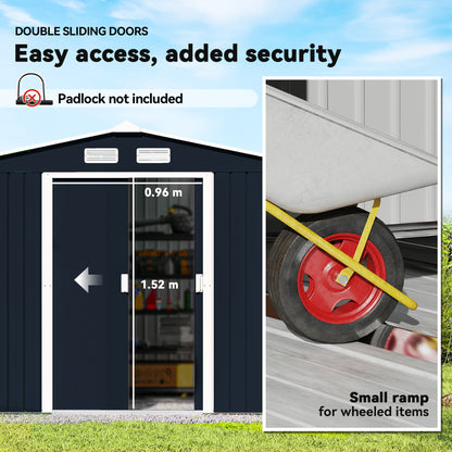 9 x 6ft Metal Bicycle Shed, Outdoor Storage Tool House with Ventilation Slots, Foundation Kit and Lockable Double Doors