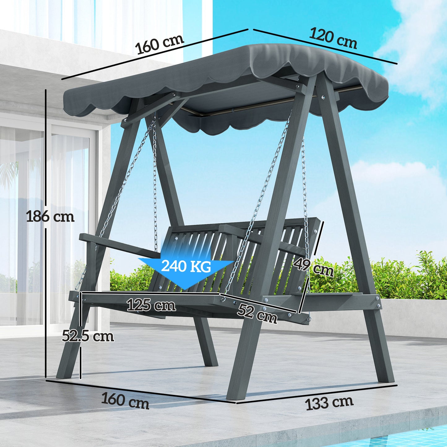 2 Seater Garden Swing Seat with Canopy, Wooden Swing Chair, Outdoor Hammock Bench for Balcony Patio Porch, Grey