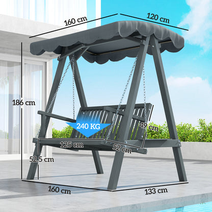2 Seater Garden Swing Seat with Canopy, Wooden Swing Chair, Outdoor Hammock Bench for Balcony Patio Porch, Grey