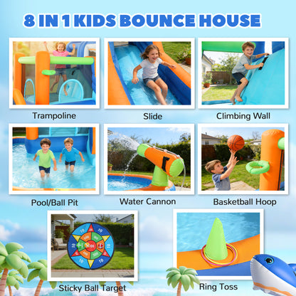 Inflatable Bouncy Castle for Kids, Sharks Theme Jumping Bounce House with Slide, Climbing Wall for Indoor Outdoor
